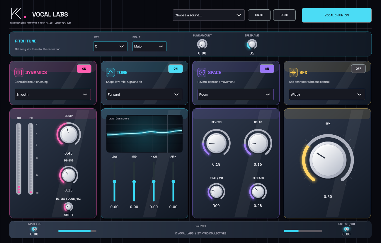 K Vocal Labs interface showing colour-coded vocal controls and presets