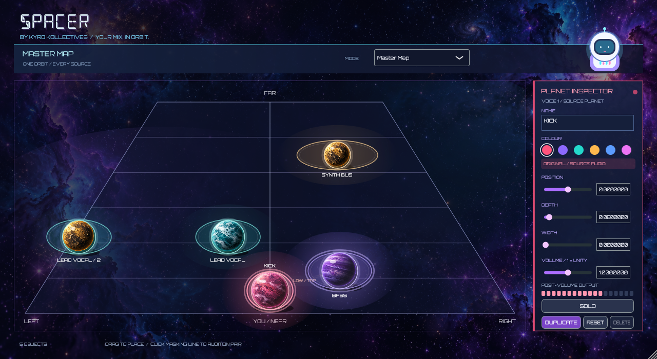 SPACER plugin interface showing a visual map of sounds and a planet inspector